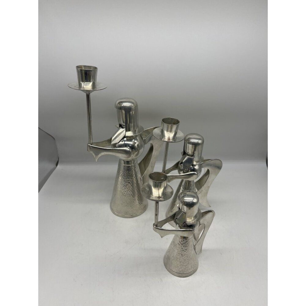 Vintage Banka Tin Angel Hammered Sliver Candle Holder Set Of 3